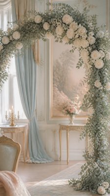 an arch of white roses and eucalyptus in soft morning light, elegant vertical composition with open space, no text