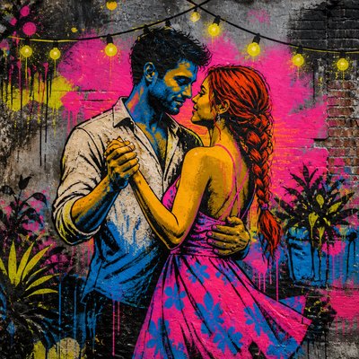 an original couple dancing under string lights in a garden at dusk: a man with short black hair in a linen shirt and a woman with braided red hair in a summer dress