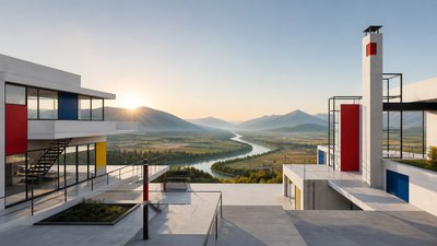 a vast valley with a river winding toward distant mountains at sunrise, no people, no text