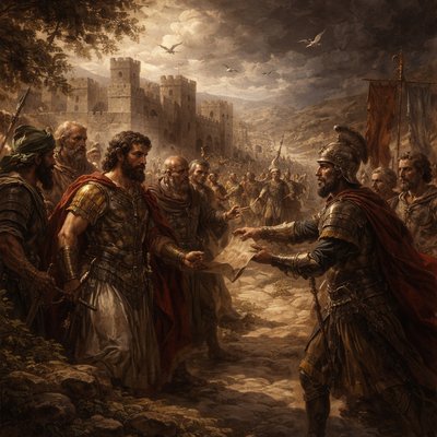 “So they departed, and came with a great power into the land of Judea, where they sent messengers to Judas and his brethren with peaceable words deceitfully.” (1 Maccabees 7:10, KJVA)
