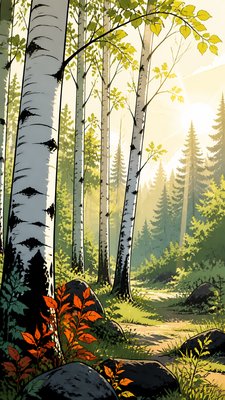 a serene birch forest in soft morning light, no people, no text