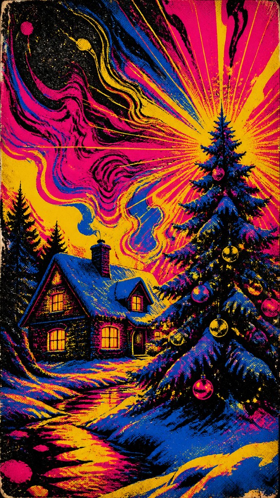 a snow-covered cottage with warm glowing windows beside a decorated pine tree, gentle snowfall, no text