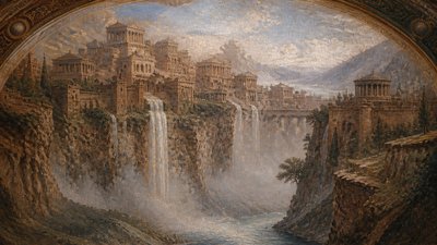 a cliffside city with waterfalls cascading into a misty canyon, wide establishing shot, no people, no text