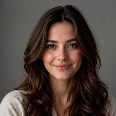 head-and-shoulders portrait of an original character: a young woman with wavy chestnut hair and a warm smile, plain soft backdrop