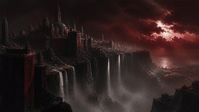 a cliffside city with waterfalls cascading into a misty canyon, wide establishing shot, no people, no text