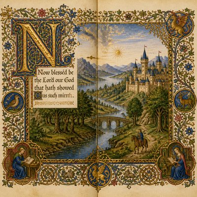 wide landscape with natural scenery — Illuminated Manuscript Art Style