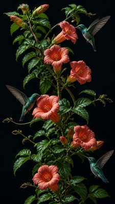a climbing vine of flowers and hummingbirds on a dark background, tall wrapping composition, no text