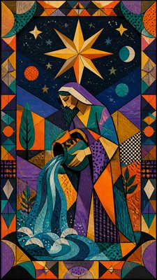 a robed figure pouring water beneath a large eight-pointed star in a night sky, symmetrical composition with an ornate decorative border, no text