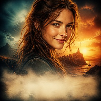 head-and-shoulders portrait of an original character: a young woman with wavy chestnut hair and a warm smile, plain soft backdrop