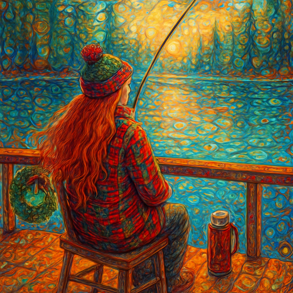 A realistic and peaceful image of a 56-year-old woman fishing on the shores of Lake Livingston, Texas, during the Christmas season. She has very long, vibrant red hair that flows all the way down to her waist, gently moving in the breeze.
She is standing on a wooden dock or sitting in a comfortable chair by the water, surrounded by the tall pine trees characteristic of East Texas. The weather is cool but pleasant (Texas winter). She is wearing cozy holiday-themed attire, such as a warm plaid flannel shirt in red and green, a festive scarf, or a beanie. Maybe there is a small Christmas wreath on the railing of the dock or a thermos of hot cocoa nearby. The lake is calm and reflects the soft winter sun. The lighting is warm and golden. High quality, photorealistic, serene atmosphere.