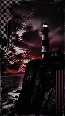 a lone lighthouse on a cliff at dusk under a dramatic sky, no text or lettering