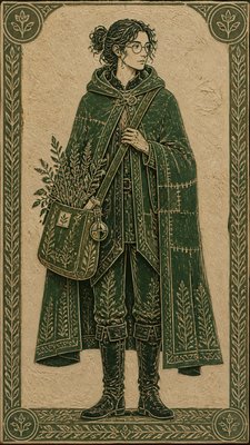 full-body original character: a wandering botanist with a satchel of plants, a patched green cloak, tall boots and round glasses, neutral background