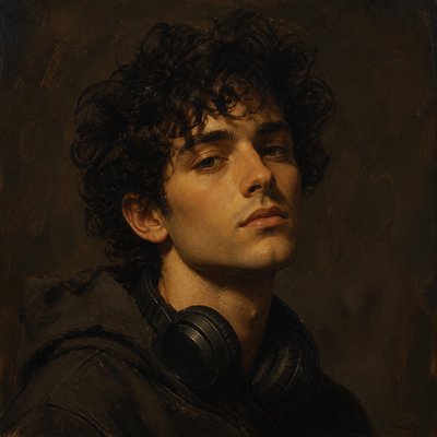head-and-shoulders portrait of an original character: a young man with curly dark hair and headphones around his neck, plain backdrop, no text