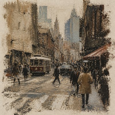 urban street with city activity — Dry Brush Painting Style