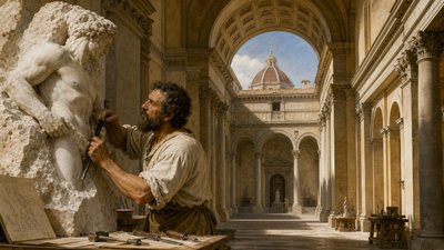 Michelangelo carving a sculpture