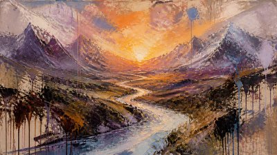 a vast valley with a river winding toward distant mountains at sunrise, no people, no text