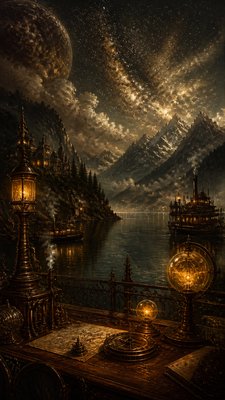 a tranquil mountain lake beneath a starry night sky, no people, no text
