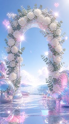an arch of white roses and eucalyptus in soft morning light, elegant vertical composition with open space, no text