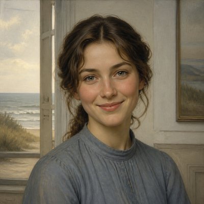 head-and-shoulders portrait of an original character: a young woman with wavy chestnut hair and a warm smile, plain soft backdrop