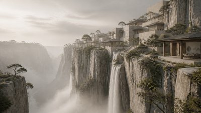 a cliffside city with waterfalls cascading into a misty canyon, wide establishing shot, no people, no text