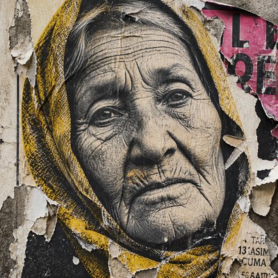close-up portrait of an elderly person with expressive weathered features