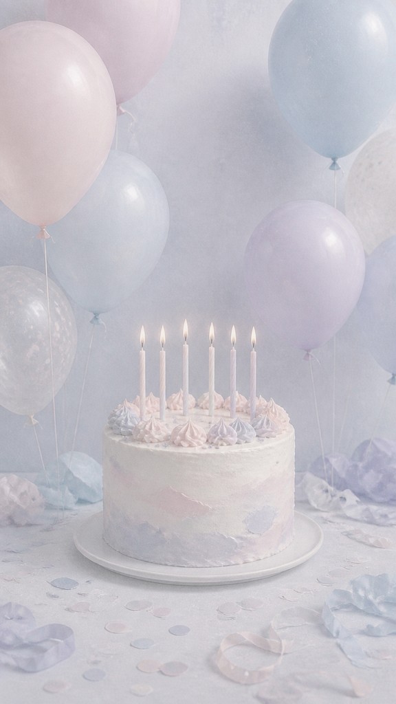 a birthday cake with lit candles surrounded by balloons and confetti, festive vertical composition, no text