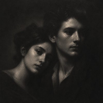 portrait of two people together — Mezzotint Print Style
