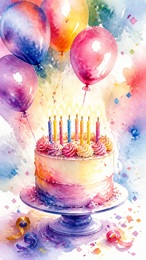 a birthday cake with lit candles surrounded by balloons and confetti, festive vertical composition, no text