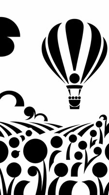 a hot air balloon drifting over rolling flower fields on a sunny day, cheerful, no text