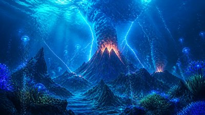 an erupting volcano with lightning strikes, dramatic wide composition, no text
