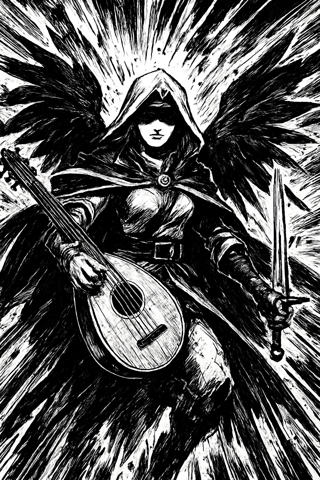 a black and white drawing of a person holding a guitar