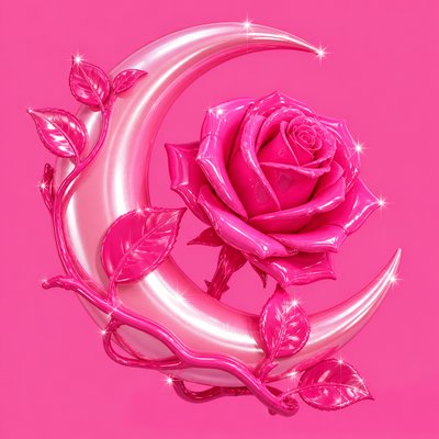 a rose entwined with a crescent moon, clean balanced composition on a plain background, no text
