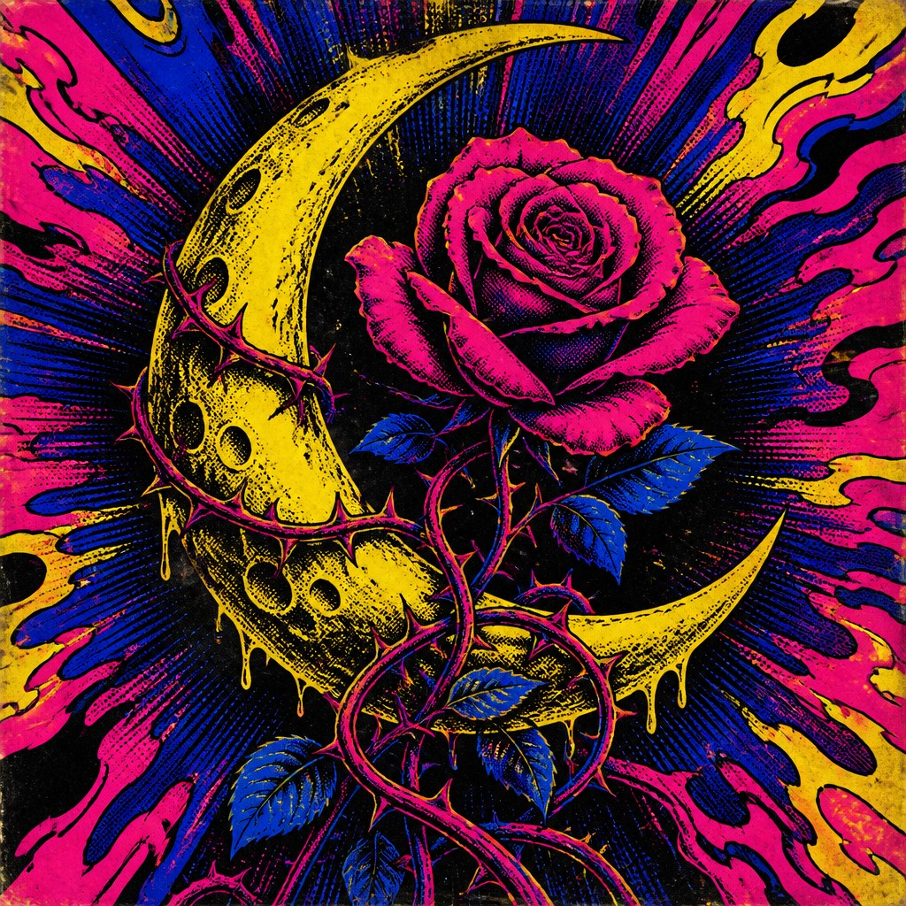 a rose entwined with a crescent moon, clean balanced composition on a plain background, no text