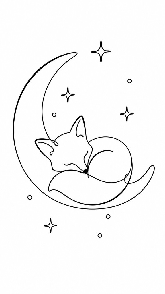 a sleeping baby fox curled on a crescent moon among soft stars, gentle and warm, no text