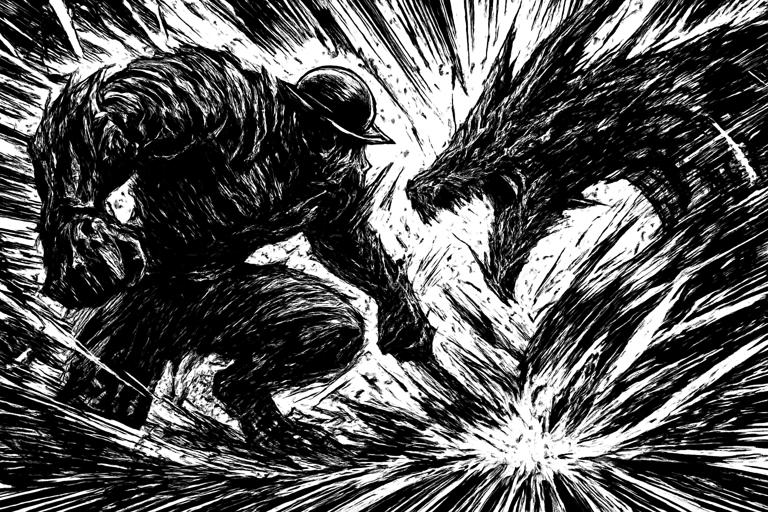 a black and white drawing of two men fighting