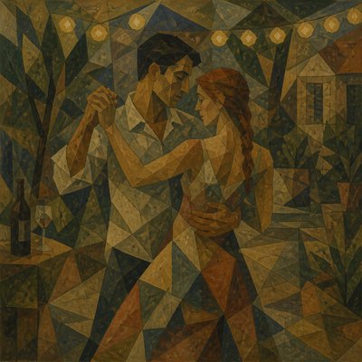 an original couple dancing under string lights in a garden at dusk: a man with short black hair in a linen shirt and a woman with braided red hair in a summer dress