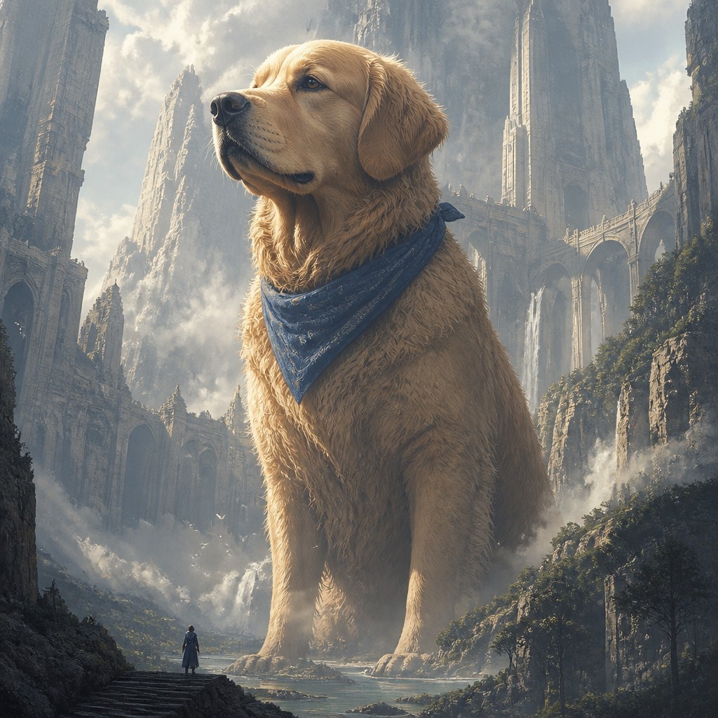 portrait of a golden retriever wearing a blue bandana, warm plain backdrop, no text