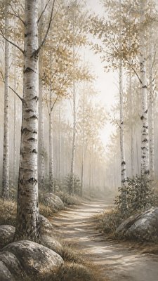 a serene birch forest in soft morning light, no people, no text