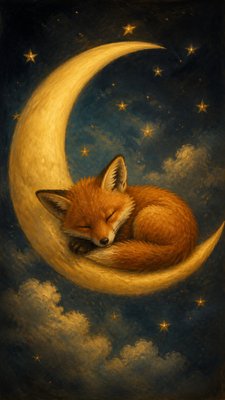 a sleeping baby fox curled on a crescent moon among soft stars, gentle and warm, no text