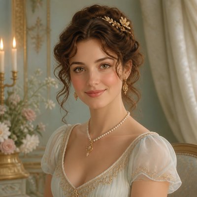 head-and-shoulders portrait of an original character: a young woman with wavy chestnut hair and a warm smile, plain soft backdrop