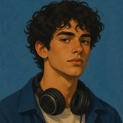 head-and-shoulders portrait of an original character: a young man with curly dark hair and headphones around his neck, plain backdrop, no text