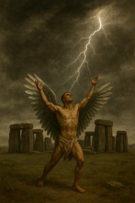 a painting of an angel standing in a field