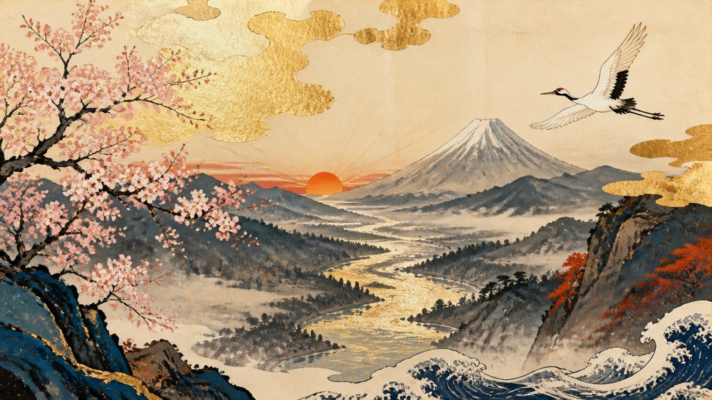 a vast valley with a river winding toward distant mountains at sunrise, no people, no text