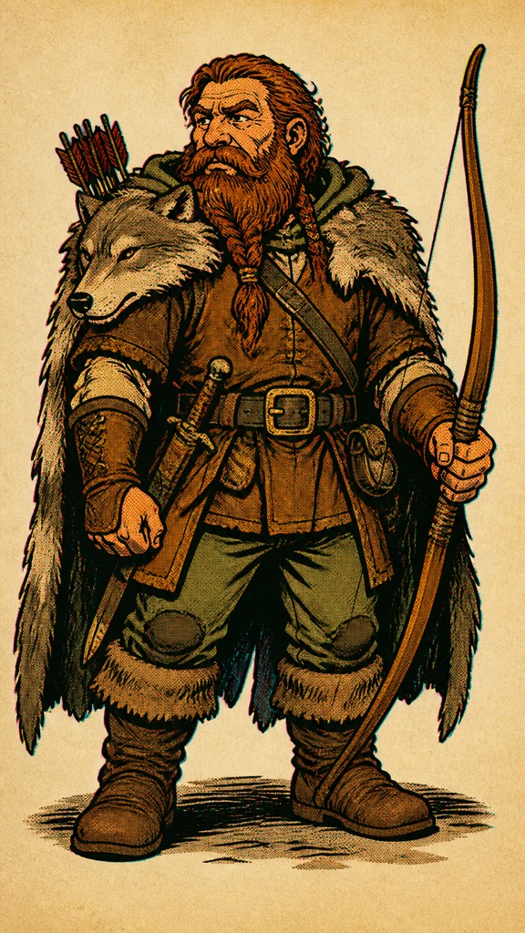 full-body original character: a dwarven ranger with a braided auburn beard, worn leather armor, a longbow and a wolf-pelt cloak, neutral background, no text
