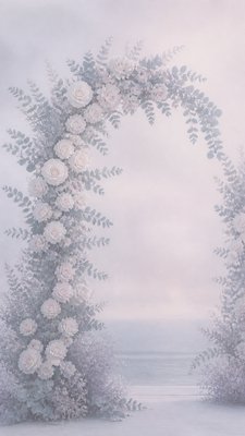 an arch of white roses and eucalyptus in soft morning light, elegant vertical composition with open space, no text