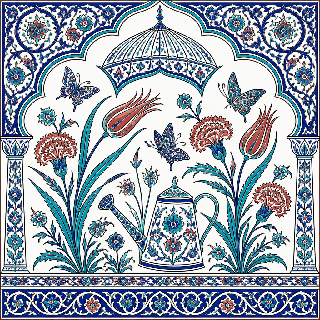 a garden scene with butterflies, flowers and a watering can, clean uncolored line art, no text