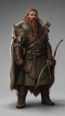 full-body original character: a dwarven ranger with a braided auburn beard, worn leather armor, a longbow and a wolf-pelt cloak, neutral background, no text