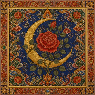 a rose entwined with a crescent moon, clean balanced composition on a plain background, no text