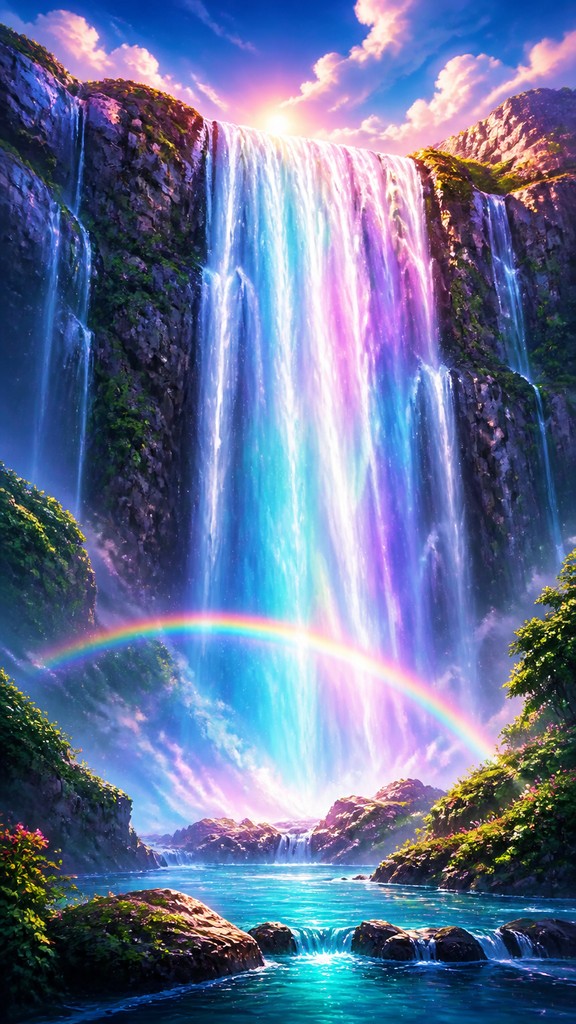 towering waterfall cascading down a cliff