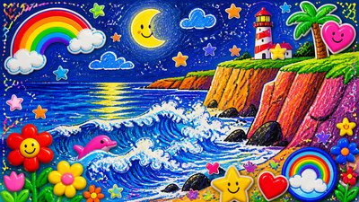 a moonlit coastline with cliffs and crashing surf, no people